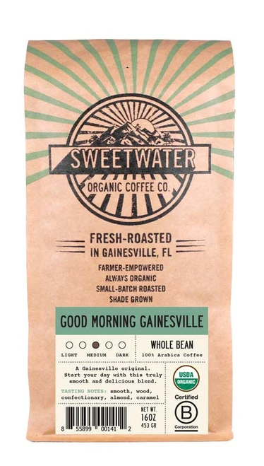 16 oz bag of Good Morning Gainesville Blend fair trade, organic, shade grown coffee.