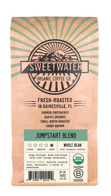 16 oz bag of Jumpstart Blend fair trade, organic, shade grown coffee.