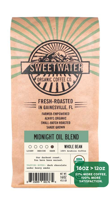 16 oz bag of Midnight Oil Blend fair trade, organic, shade grown coffee. Badge reads: 16oz is greater than 12oz, 33% more coffee, 100% more satisfaction.