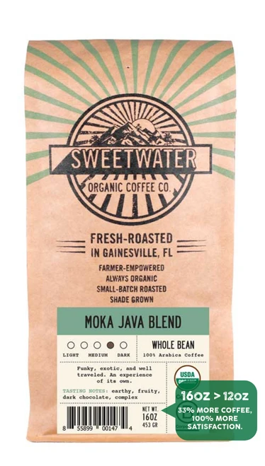 16 oz bag of Moka Java Blend fair trade, organic, shade grown coffee. Badge reads: 16oz is greater than 12oz, 33% more coffee, 100% more satisfaction.