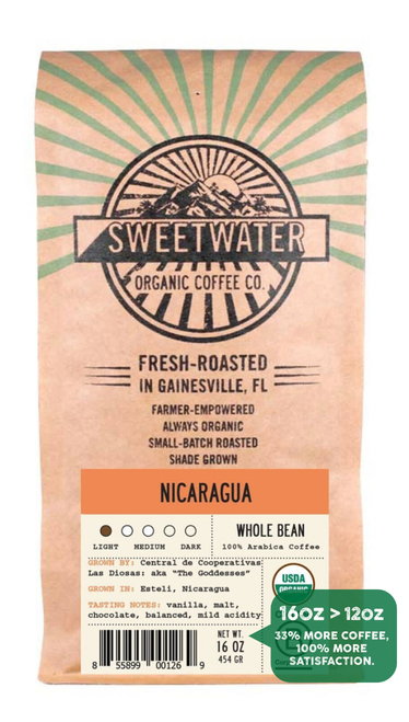 16 oz bag of Nicaragua Single Origin fair trade, organic, shade grown coffee. Badge reads: 16oz is greater than 12oz, 33% more coffee, 100% more satisfaction.