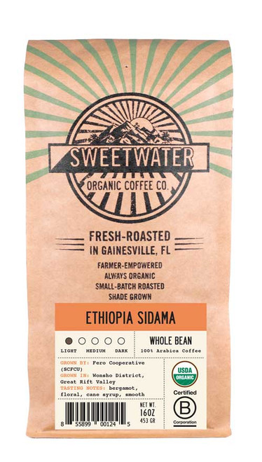 16 oz bag of Ethiopia Sidama Single Origin fair trade, organic, shade grown coffee.