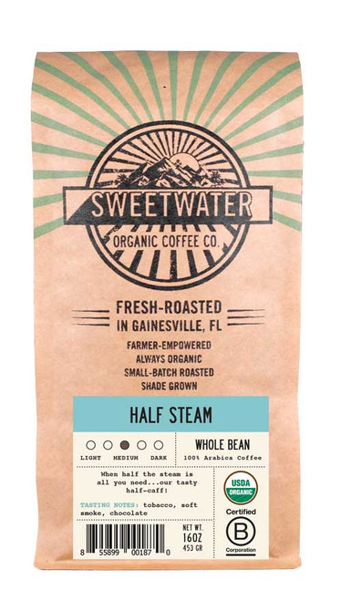 Our  water-processed decaf coffee is blended with a light roasted fully-caffeinated coffee for a cup that has all of the flavor but only half of the kick. 