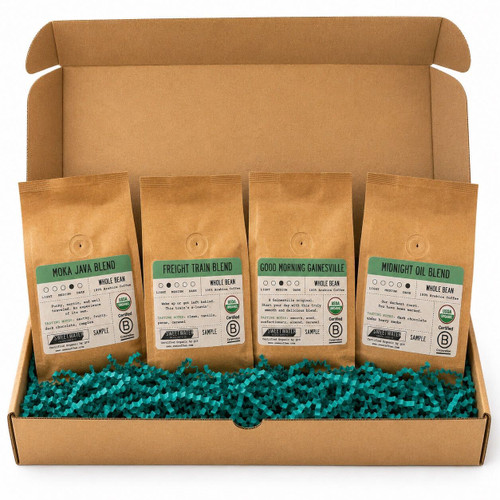 Check out four of our most popular coffees in our Sweetwater Sampler. These 4oz bags of Midnight Oil, Moka Java, Good Morning Gainesville, and Freight Train are a great intro to some of our best blends. Give them as a gift or keep them for your own enjoyment.