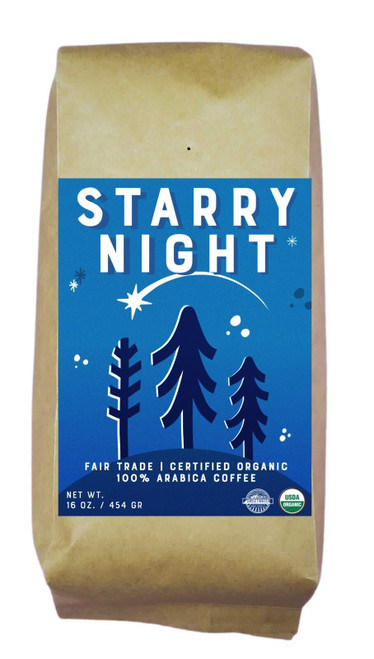 16 oz bag of Starry Night Blend fair trade, organic, shade grown coffee.