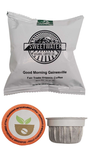 Wrapped and unwrapped Good Morning Gainesville Blend GreenPods coffee pods, labeled fully compostable