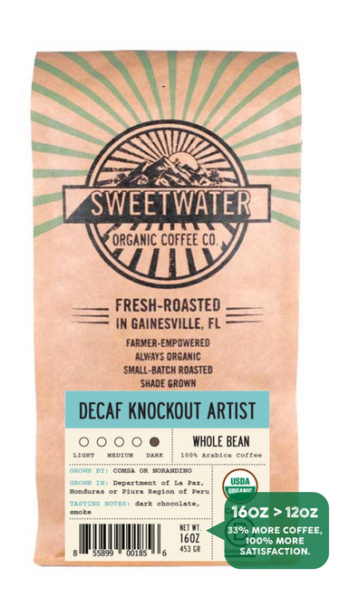 Our heavyweight blend of delicious Full City and French Roast fair trade, organic, shade-grown, natural, water-processed decaffeinated coffee. Creamy, smooth & full bodied with rich berry and milk chocolate undertones.
