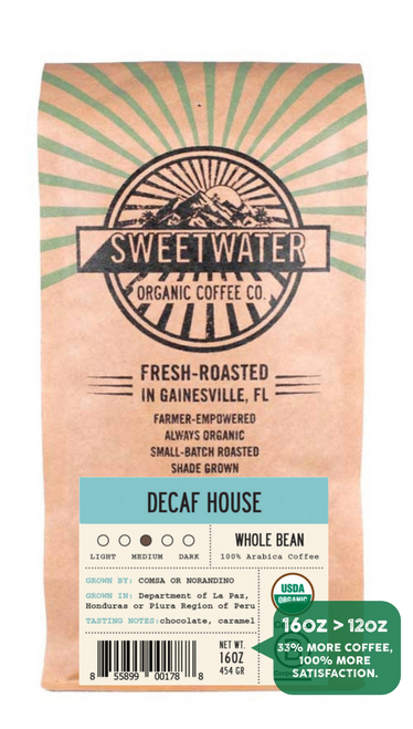 Medium-bodied House Blend, Full City roasted, with soft acidity, natural water process decaffeinated fair trade, organic, shade-grown coffee that delivers all of the taste without all of the caffeine