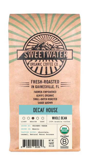 Medium-bodied House Blend, Full City roasted, with soft acidity, natural water process decaffeinated fair trade, organic, shade-grown coffee that delivers all of the taste without all of the caffeine