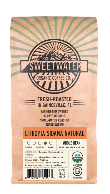 16 oz bag of Ethiopia Sidama Natural Single Origin fair trade, organic, shade grown coffee.