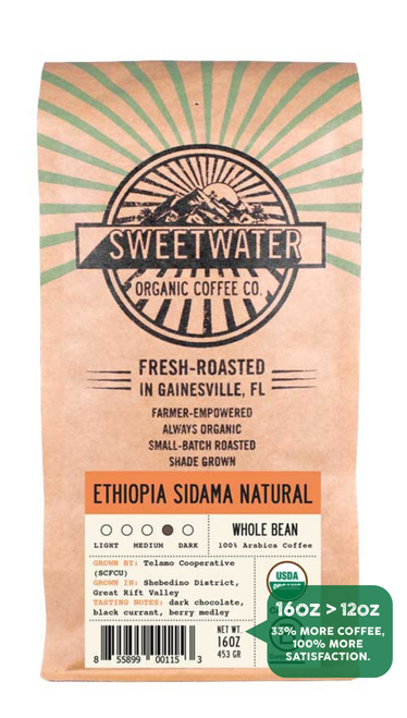 16 oz bag of Ethiopia Sidama Natural Single Origin fair trade, organic, shade grown coffee. Badge reads: 16oz is greater than 12oz, 33% more coffee, 100% more satisfaction.