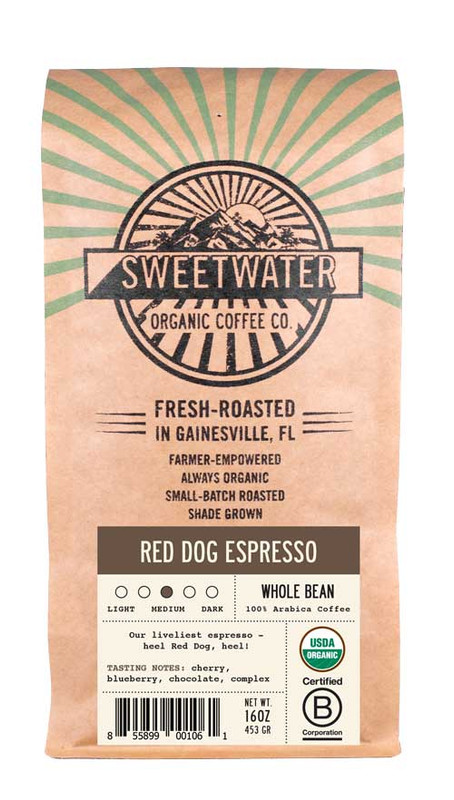 Red Dog is a smooth espresso blend with fair trade, organic, and shade-grown coffee from South America and Asia.