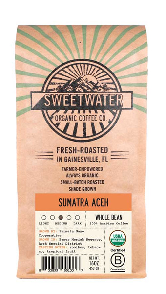 Fair trade, organic, shade-grown coffee from the Permata Gayo Cooperative in Sumatra, Indonesia.