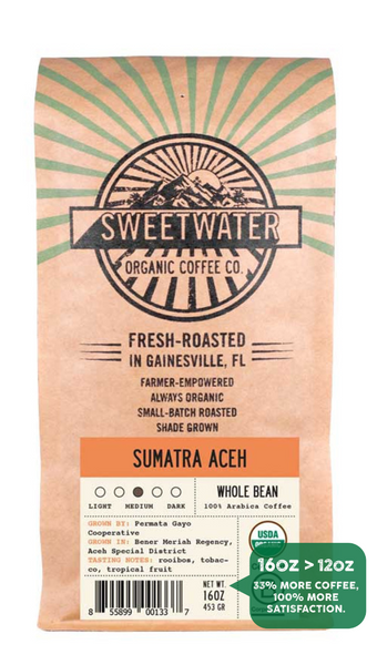 Fair trade, organic, shade-grown coffee from the Permata Gayo Cooperative in Sumatra, Indonesia.