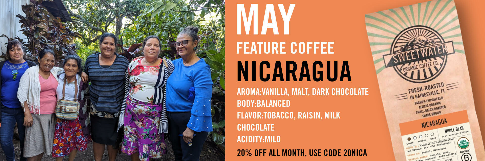 Nicaragua coffee 20% off all of May with coupon code 20nica