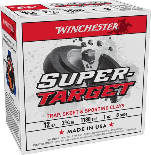 Box of Winchester Super Target 12 Gauge shotshells. White and red packaging with Super Target logo, exploding clay target graphic, and Winchester branding. Marked 12 GA, 2 ¾ IN, 1180 FPS, 1 oz, 8 shot, Made in USA. Text reads “Trap, Skeet & Sporting Clays.”