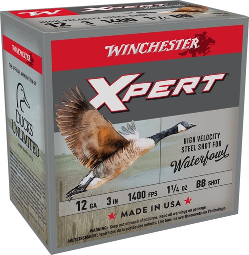Box of Winchester Xpert Waterfowl 12 Gauge 3-inch shotshells. Gray and red packaging with Canada goose artwork, Ducks Unlimited logo, and Super X branding. Marked 12 GA, 3 IN, 1400 FPS, 1 1/4 OZ, BB shot, Made in USA.
