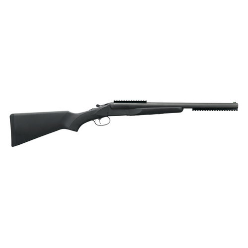 Stoeger Double Defense 12-ga SxS (31446) with 20" ported barrels, Picatinny rails, fiber-optic sight, 3" chambers, dual triggers, black synthetic stock.