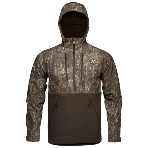 First Lite Suppressor Hybrid Jacket with windproof softshell upper and fleece torso Darkwater