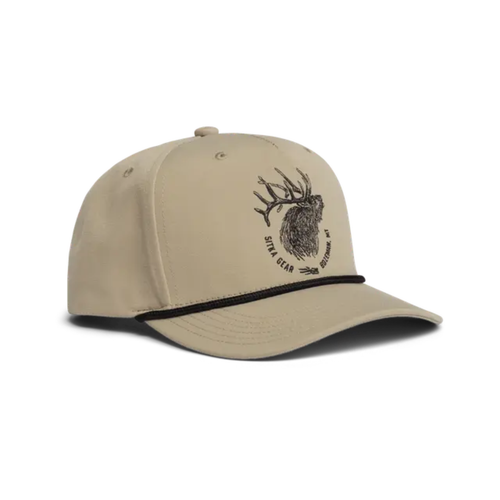 Sitka Elk Sketch Retro 5 Panel Snapback Hat with embroidered elk design and rope brim detail Light Tan