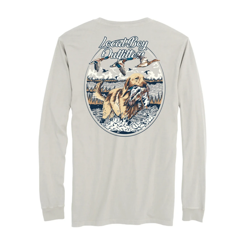 Local Boy Duck Retrieve Long Sleeve T-Shirt with waterfowl graphic Silver