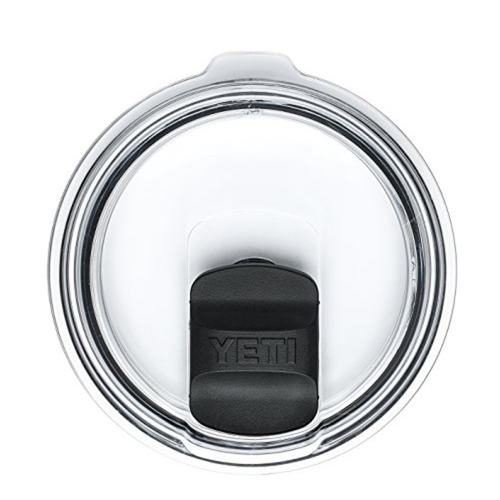 Top view of a Yeti Rambler MagSlider Lid for 30oz Cups, on a white background. The lid is transparent with a black magnet slider to cover the drinking hole.