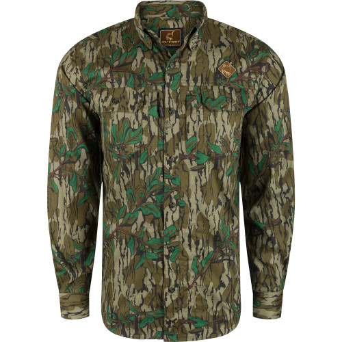 Front view of Youth Wingshooter Trey Long Sleeve Shirt in Mossy Oak Greenleaf