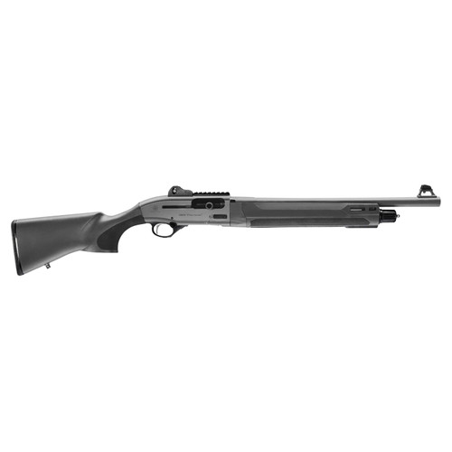 Side view of the Beretta 1301 Tactical C 12GA shotgun featuring gray synthetic stock, 18.5-inch barrel, and ghost ring sights.