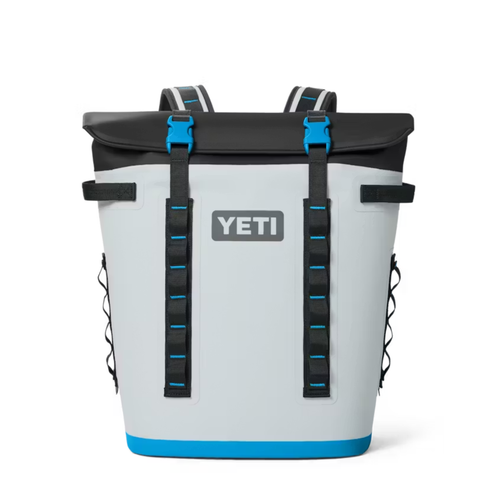 Image of the YETI Hopper M20 Backpack Cooler showcasing its durable soft-shell design, magnetic closure, and padded backpack straps For Gray/Blue