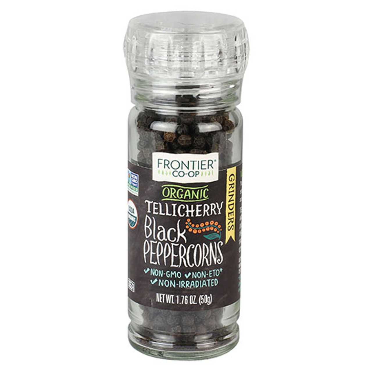 FRONTIER CO-OP TELLICHERRY PEPPERCORNS IN GRINDER 50g