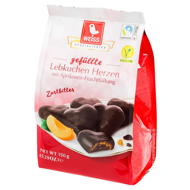 WEISS BITTERSWEET CHOCOLATE APRICOT GINGERBREAD HEARTS 150g