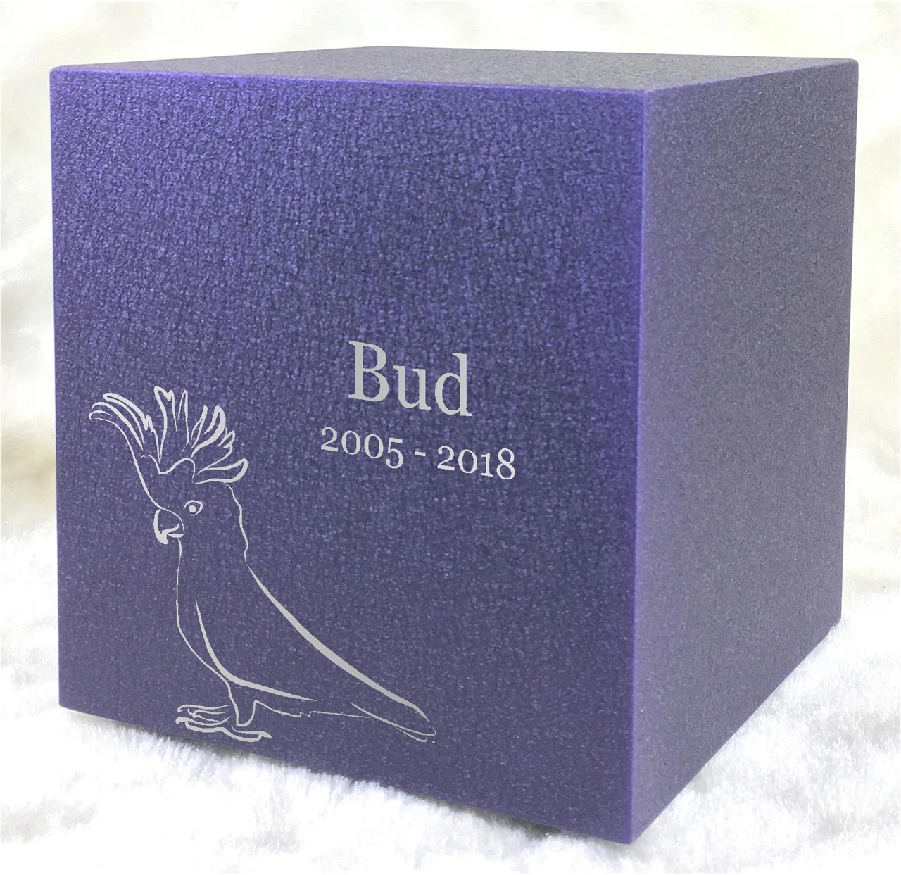 PERSONALIZED DL Custom Engraved Cockatoo Cremation Urn Vault by Amaranthine Urns, made in the USA