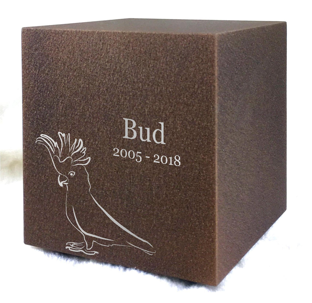 PERSONALIZED DL Custom Engraved Cockatoo Cremation Urn Vault by Amaranthine Urns, made in the USA