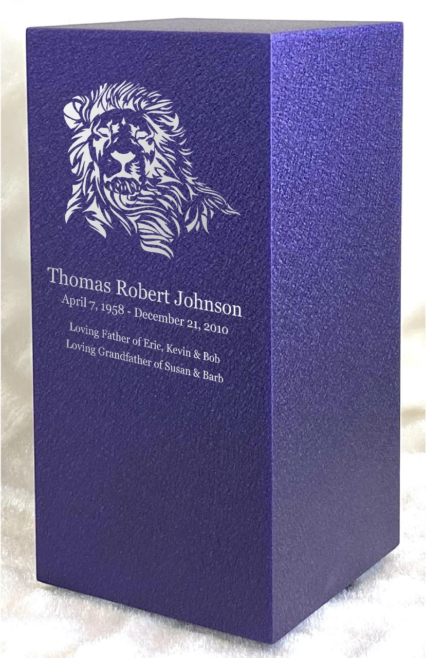 PERSONALIZED DL Custom Engraved Lion Cremation Urn Vault by Amaranthine Urns, made in the USA