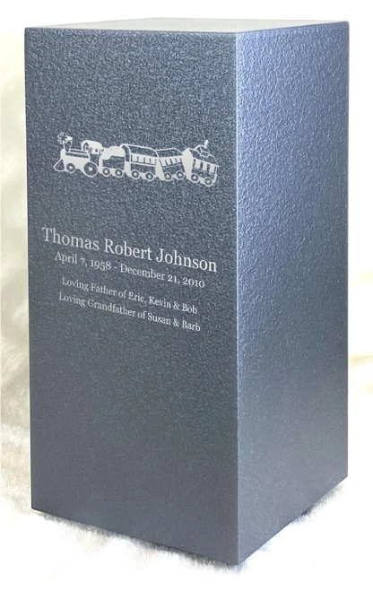 PERSONALIZED DL Custom Engraved Toy Train Cremation Urn Vault by Amaranthine Urns, made in the USA