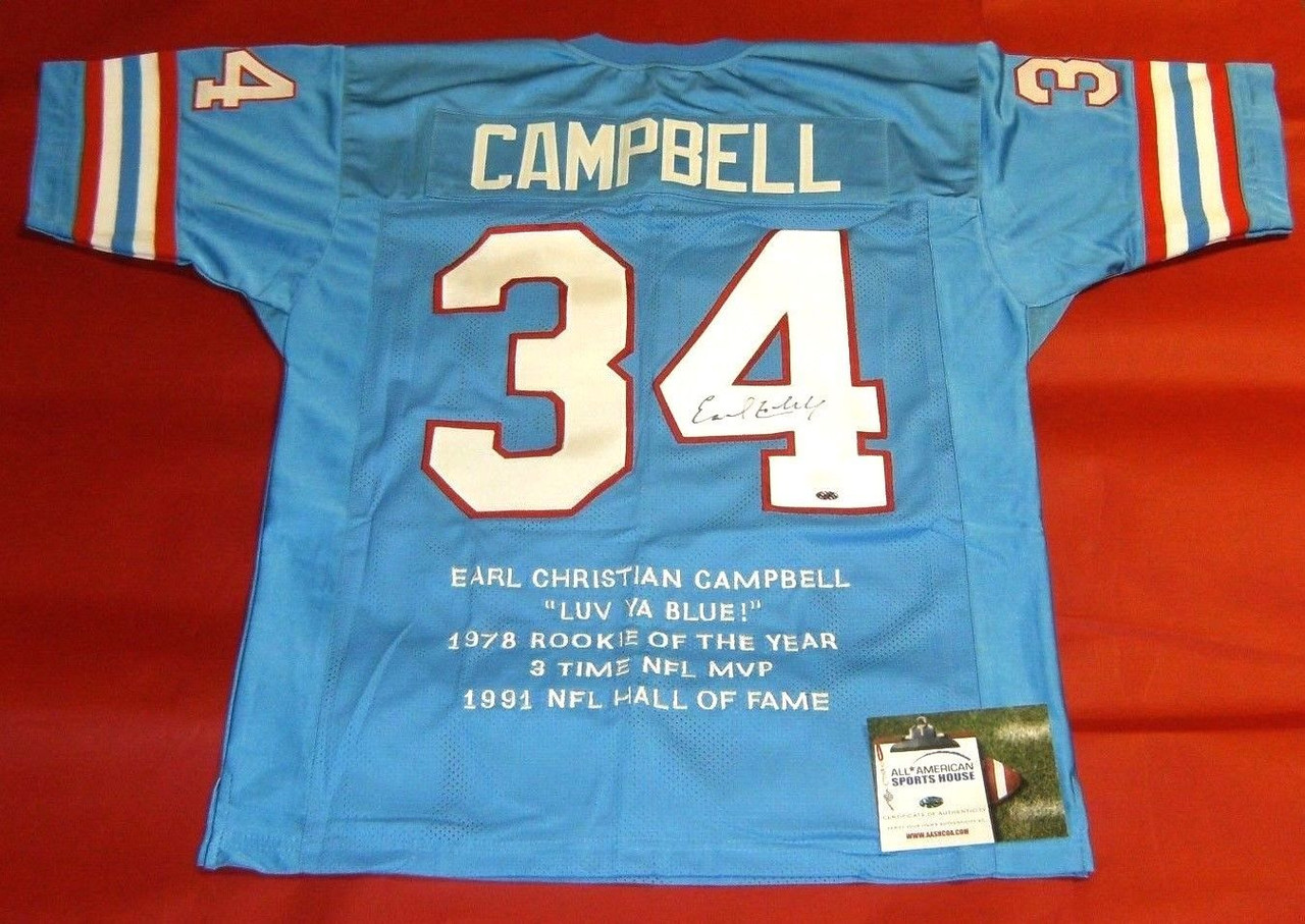 Houston Oilers Earl Campbell Autographed Blue Jersey HOF 91 JSA