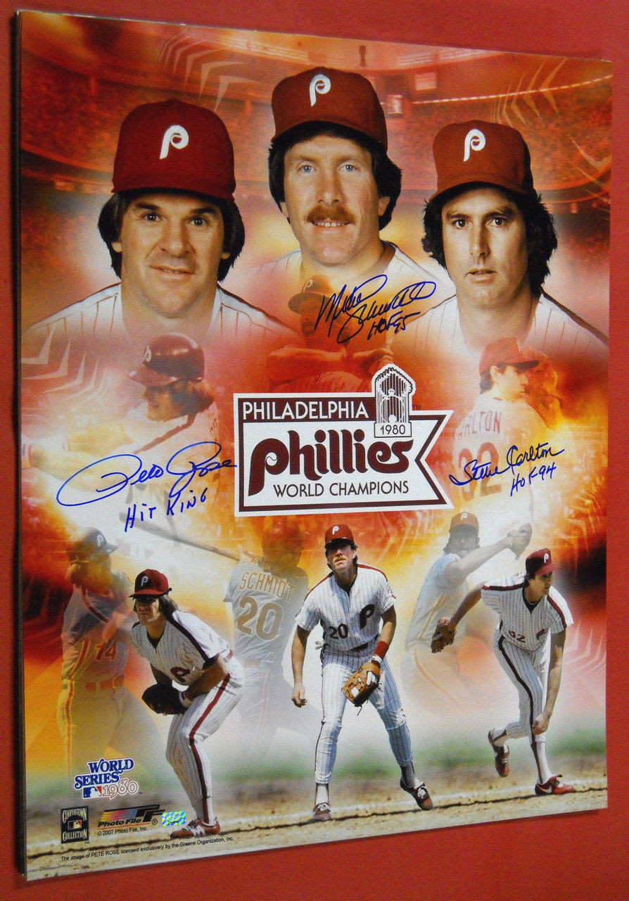 PETE ROSE MIKE SCHMIDT STEVE CARLTON AUTOGRAPHED 1980 PHILLIES 20X24 PHOTO