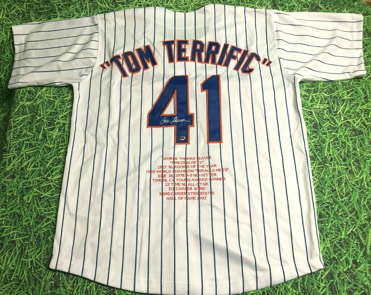 TOM SEAVER AUTOGRAPHED THE FRANCHISE TOM TERRIFIC METS STAT JERSEY TAZ READ  NOTE