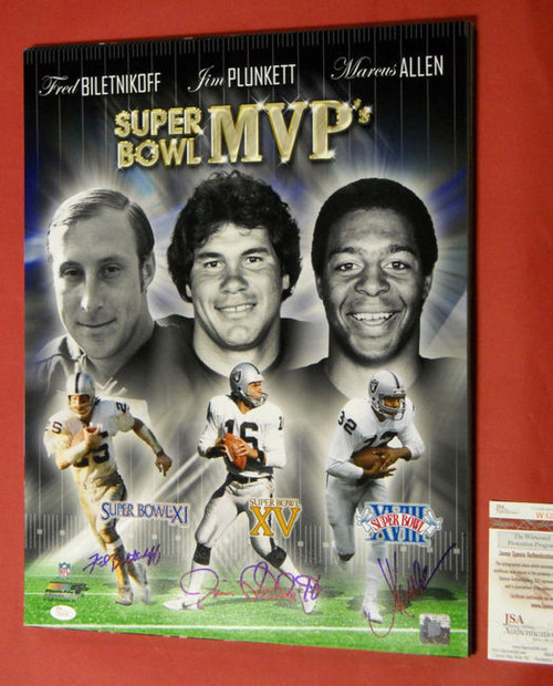 OAKLAND RAIDERS AUTOGRAPHED SUPER BOWL MVPs 16X20 JSA BILETNIKOFF PLUNKETT ALLEN