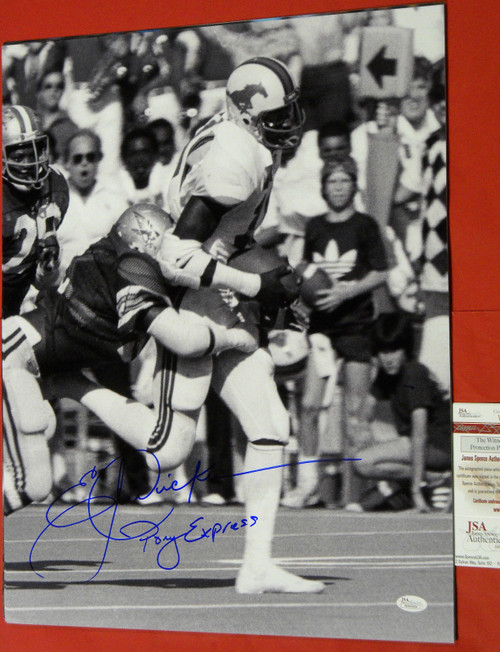 ERIC DICKERSON AUTOGRAPHED 16X20 B&W PHOTO SMU MUSTANGS W/ PONY EXPRESS INSC JSA