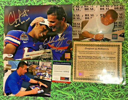 URBAN MEYER CHRIS LEAK AUTOGRAPHED FLORIDA GATORS 8X10 PHOTO PSA/DNA INSCRIPTION