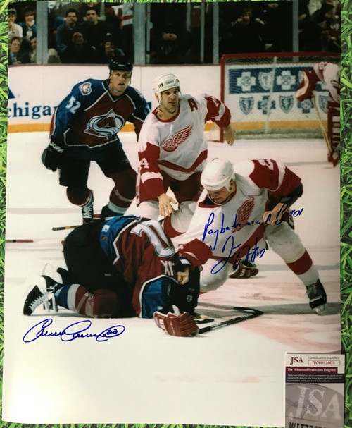 DARREN McCARTY CLAUDE LEMIEUX SIGNED 16X20 RED WINGS DROPPING HIM