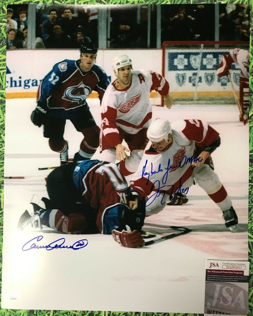 DARREN McCARTY CLAUDE LEMIEUX SIGNED 16X20 RED WINGS PAYBACK FROM D MAC JSA