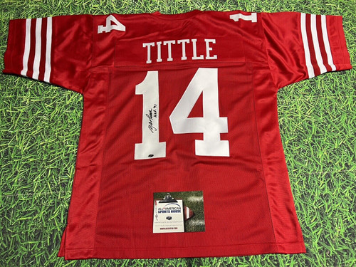 Y A TITTLE AUTOGRAPHED SAN FRANCISCO 49ERS JERSEY HOF 71 INSCRIPTION AASH