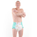 Male model wearing adult diaper, front-view.