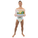 Male model wearing and holding a bag of Dinosaur, front-view.