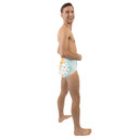 Male model wearing adult diaper, side-view.