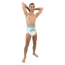 Male model wearing Mega Critter Caboose diaper, front-view.