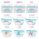 View of illustrated versions of the Critter Caboose diapers.