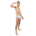 Male model wearing adult training pants, side-view.